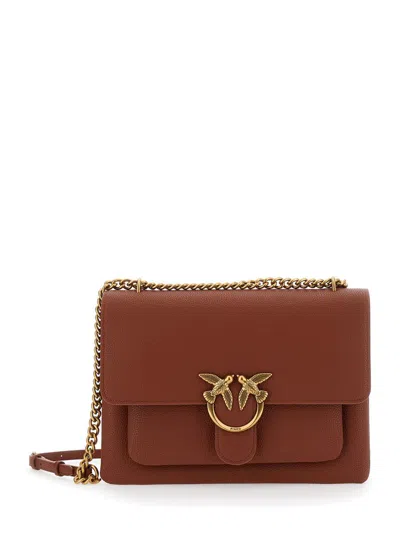 Pinko 'love One' Brown Shoulder Bag With Love Birds Diamond Cut Logo On The Front In Hammered Leather Woma