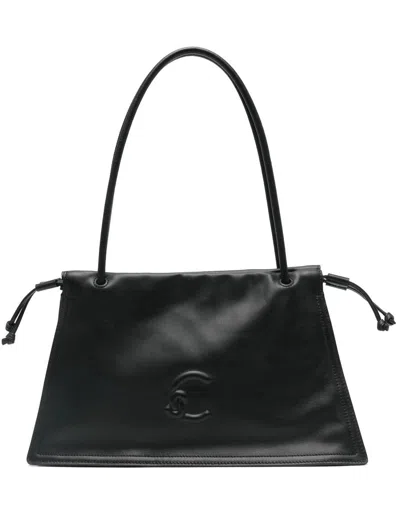 Coccinelle Calfskin Shoulder Bag With Adjustable Drawstring Sides In Black