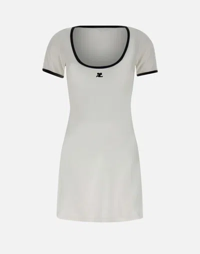 Courrèges Ribbed Cotton Mini Dress With Logo Embroidery In White