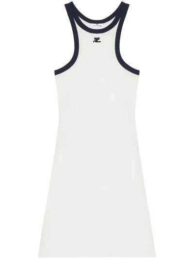 Courrèges White Cotton Mini Dress With Navy Blue Details And Halter Neck