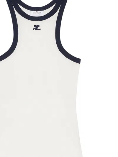 Courrèges White Cotton Mini Dress With Navy Blue Details And Halter Neck