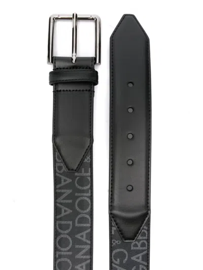 Dolce & Gabbana Men Belt With Buckle Embroidered With Logo In Black