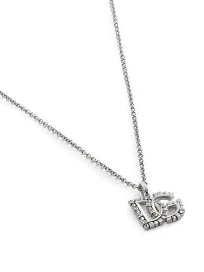 Dolce & Gabbana Fine Link Necklace With Rhinestone-detailed Dg Logo In Metallic