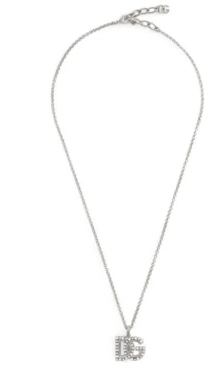 Dolce & Gabbana Fine Link Necklace With Rhinestone-detailed Dg Logo In Metallic