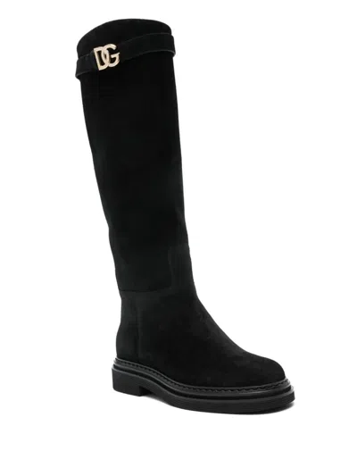Dolce & Gabbana Black High Boots With Dg Logo In Suede Woman In Black