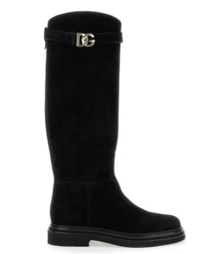Dolce & Gabbana Black High Boots With Dg Logo In Suede Woman In Black