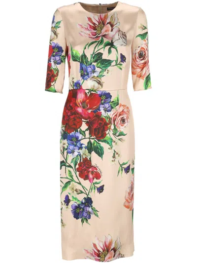 Dolce & Gabbana Women Satin Dress With Iconic Floral Print In Neutral