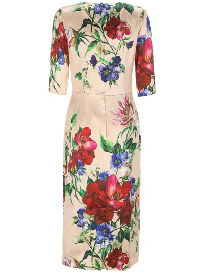 Dolce & Gabbana Women Satin Dress With Iconic Floral Print In Neutral