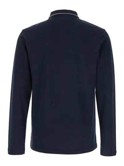 Emporio Armani Blue Long Sleeve Polo Shirt With Logo Embroidery In Stretch Cotton In Black