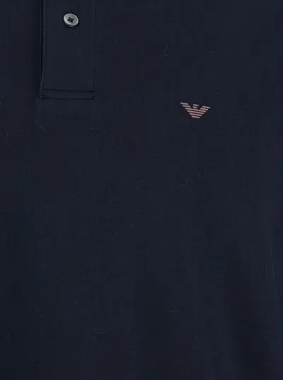 Emporio Armani Blue Long Sleeve Polo Shirt With Logo Embroidery In Stretch Cotton In Black