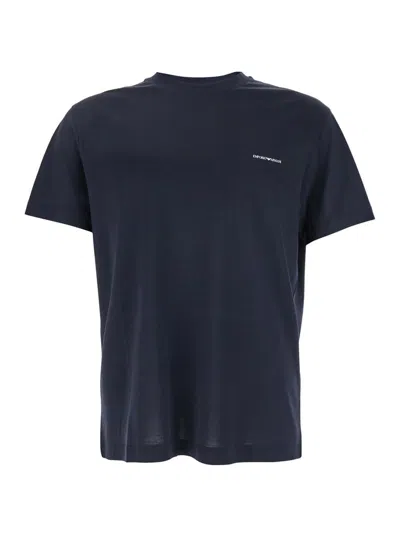 Emporio Armani Blue T-shirt With Logo Lettering On The Front In Cotton And Lyocell Blend Man In Blue