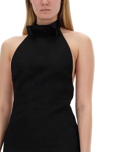 Dolce & Gabbana Black Mini Dress With Floral Detail In Wool Woman In Black