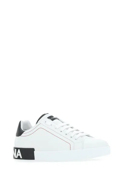 Dolce & Gabbana Portofino Leather Sneakers With Rubberized Logo Shoes In White