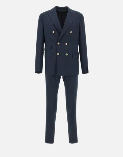 Eleventy Blue Double-breasted Suit With Peak Revers And Jewel Buttons In Wool Stretch Man In Blue