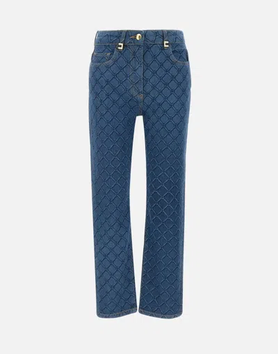 Elisabetta Franchi Slim Fit Trousers With Laser Lozenge Print In Blue