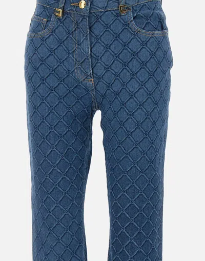 Elisabetta Franchi Slim Fit Trousers With Laser Lozenge Print In Blue