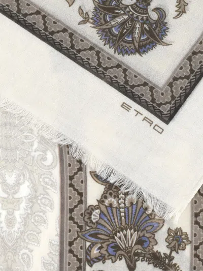 Etro Floral Print Scarf Frayed Edges In White