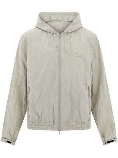 Ferragamo Zip-up Windbreaker Hooded Jacket In Gray