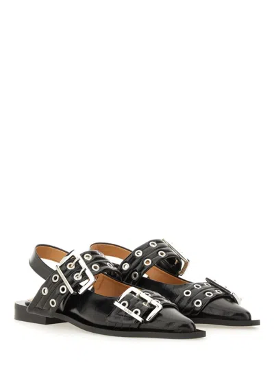 Ganni 'cocco' Black Leather Ballet Flats In Black