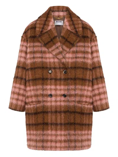 Moschino Double-breasted Plaid Coat Notched Lapels In Brown