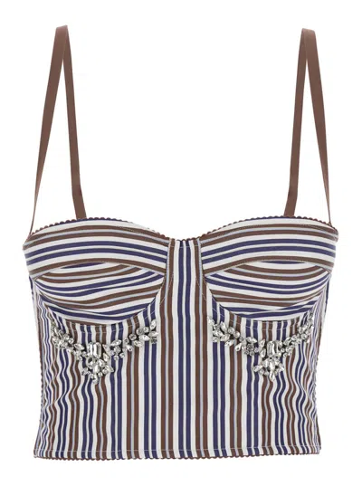 Des_phemmes Multicolor Bustier Style Top With Front Crystal Embellishments And All-over Striped Motif In Multi