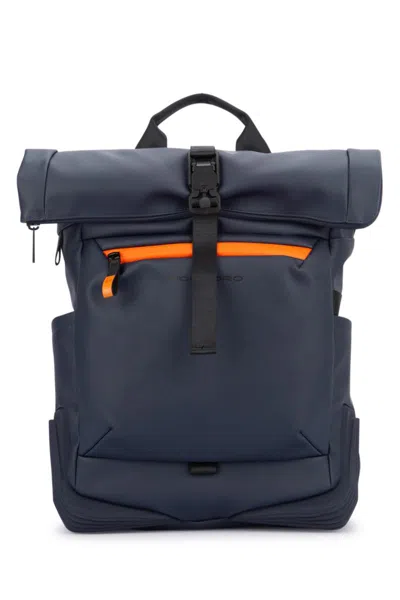 Piquadro Roll-top Black Backpack With Accent Zipper In Blue