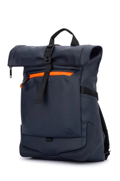 Piquadro Roll-top Black Backpack With Accent Zipper In Blue