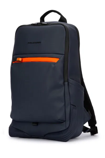 Piquadro Streamlined Black Backpack With Padded Shoulder Straps In Blue