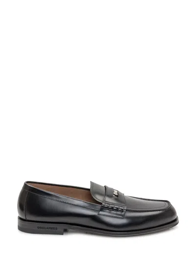 Dsquared2 Black Loafers With Logo Plaque On The Front And Logo Lettering On The Heel In Leather Man In Black