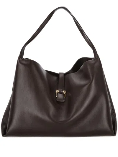 Ferragamo Structured Coffee Tote Bag With Buckle Detail In Brown