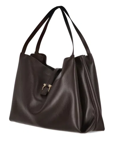 Ferragamo Structured Coffee Tote Bag With Buckle Detail In Brown