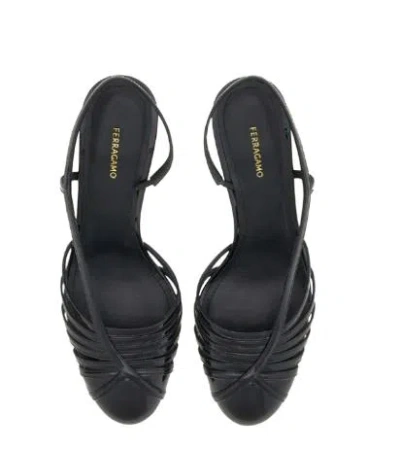Ferragamo Glossy Strappy Pumps With Patent Accents In Black