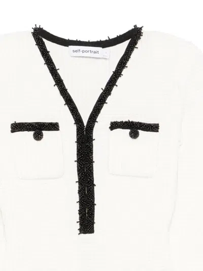 Self-portrait Textured White Dress With Beaded V-neckline In White