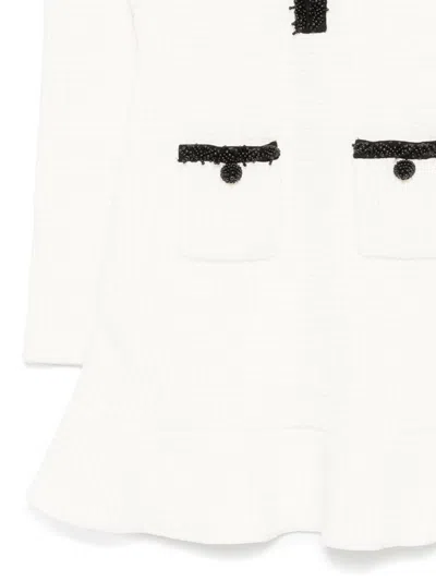 Self-portrait Textured White Dress With Beaded V-neckline In White
