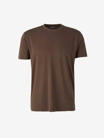 Tom Ford Military Green Crewneck T-shirt With Tf Embroidery In Lyocell And Cotton Blend Man