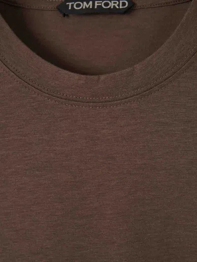 Tom Ford Military Green Crewneck T-shirt With Tf Embroidery In Lyocell And Cotton Blend Man