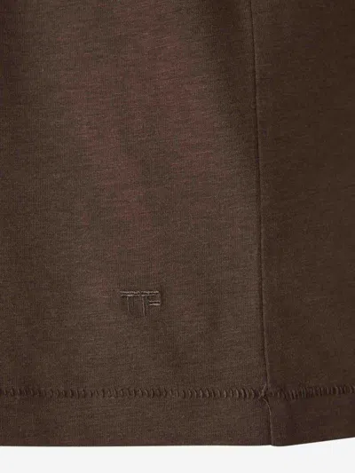 Tom Ford Military Green Crewneck T-shirt With Tf Embroidery In Lyocell And Cotton Blend Man