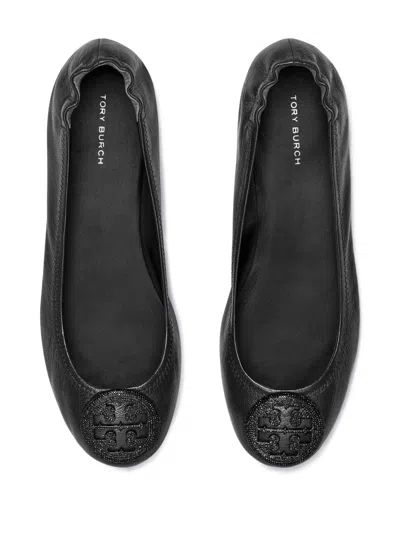 Tory Burch Logo-plaque Leather Ballerina Pumps In Black