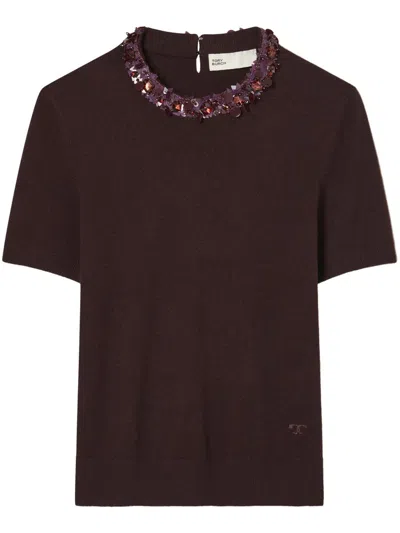 Tory Burch Wool And Sequin Short-sleeved Sweater In Brown