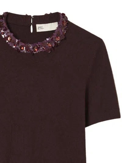 Tory Burch Wool And Sequin Short-sleeved Sweater In Brown