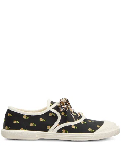 Valentino Black Cotton Sneakers With Floral Pattern And Rubber Sole In Black