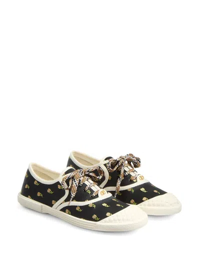 Valentino Black Cotton Sneakers With Floral Pattern And Rubber Sole In Black