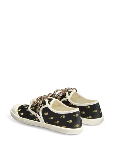 Valentino Black Cotton Sneakers With Floral Pattern And Rubber Sole In Black