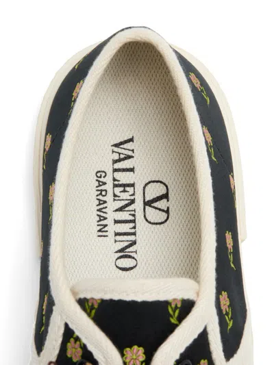 Valentino Black Cotton Sneakers With Floral Pattern And Rubber Sole In Black