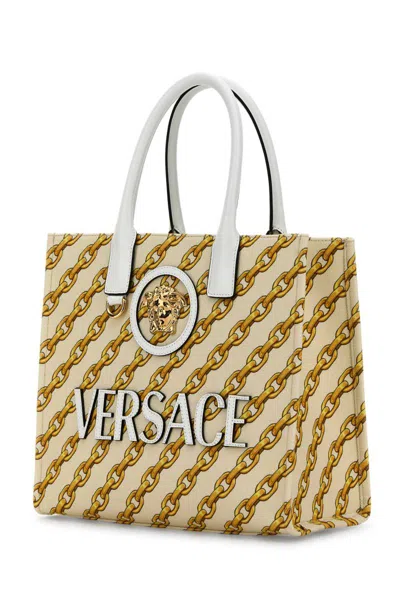 Versace Beige Chain Stripes La Medusa Small Tote In Multi