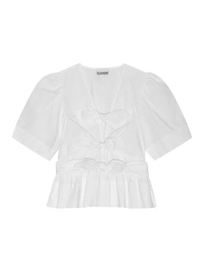 Ganni White Washed Stretch Cotton Tie Strap Blouse In White