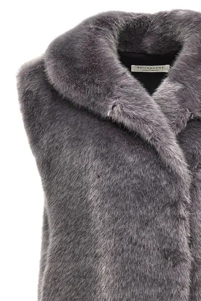 Philosophy Di Lorenzo Serafini Lapel Sleeveless Fur Coat In Gray