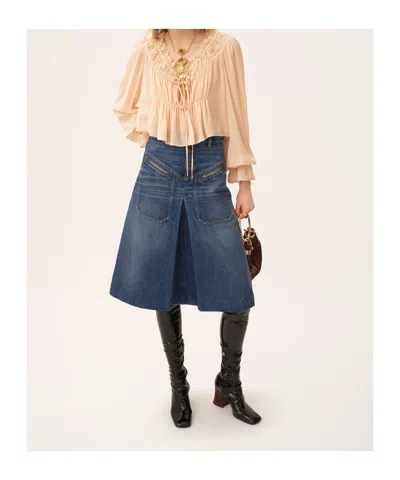 Chloé Denim Knee-length Skirt With Front Box Pleat In Blue
