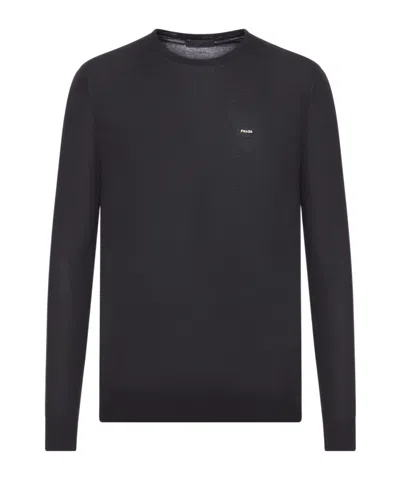 Prada Wool Crew Neck Sweater With Ribbed Cuffs In Black