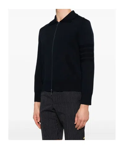 Thom Browne Double Face Zip Wool Blend Cardigan In Black